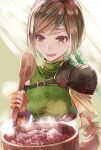  1girl armor brown_eyes brown_hair final_fantasy final_fantasy_vii final_fantasy_vii_remake food gauntlets gloves headband mirrorclew pauldrons rice short_hair shoulder_armor spoon yuffie_kisaragi 