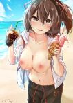  1girl beach black_shorts blue_sky breasts brown_eyes brown_hair cup food hair_between_eyes hair_ribbon heart heart-shaped_pupils heart_in_eye highres holding holding_cup holding_food hood hoodie ice_cream ise_(kancolle) kantai_collection large_breasts long_hair male_swimwear_challenge nagi_(shunsuke-manage) navel nipples no_bra ocean open_clothes open_hoodie open_mouth ponytail ribbon short_hair shorts sky stomach sweatdrop symbol-shaped_pupils symbol_in_eye wet wet_clothes white_hoodie 