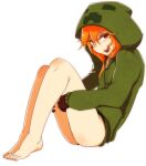  1girl at2. bangs blush breasts commentary_request creeparka creeper eyebrows_visible_through_hair highres hood hood_up hoodie looking_at_viewer minecraft open_mouth orange_eyes orange_hair personification simple_background smile solo white_background 