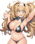  1girl armpits bangs bikini black_bikini blonde_hair blue_eyes blush breasts cleavage commentary_request eyebrows_visible_through_hair gambier_bay_(kancolle) groin hair_between_eyes hairband halterneck highres kantai_collection large_breasts long_hair messy_hair navel open_mouth shirt siesta_(artist) simple_background skindentation solo string_bikini swimsuit tearing_up tears thick_eyebrows torn_clothes torn_shirt twintails white_background 