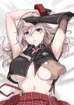  1girl absurdres alisa_ilinichina_amiella armpits arms_up bangs bed_sheet black_gloves blue_eyes breast_grab breasts disembodied_limb eyebrows_visible_through_hair fingerless_gloves gloves god_eater god_eater_burst grabbing highres large_breasts long_hair looking_at_viewer lying navel on_back silver_hair skirt slept_(re_mix) suspender_skirt suspenders underboob 