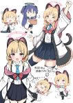  &gt;_&lt; 2girls :d :t absurdres animal_ears arrow_(symbol) bangs black_legwear black_skirt blonde_hair blue_archive blue_hair blue_neckwear blush bow cat_ear_headphones cat_ears cat_tail chibi closed_eyes closed_mouth collared_shirt commentary_request dress_shirt eyebrows_visible_through_hair fake_animal_ears flying_sweatdrops gun hair_between_eyes hair_bow halo headphones highres holding holding_gun holding_weapon huge_filesize jacket kneeling long_hair long_sleeves lying momoi_(blue_archive) moyoron multiple_girls multiple_views necktie off_shoulder on_back open_clothes open_jacket open_mouth pleated_skirt pout purple_eyes red_bow rifle shirt skirt smile sniper_rifle tail thighhighs translation_request two_side_up v-shaped_eyebrows very_long_hair weapon white_background white_jacket white_shirt wide_sleeves yuuka_(blue_archive) 