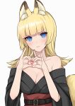  1girl absurdres animal_ear_fluff animal_ears bangs banned_artist bare_shoulders belt black_belt black_kimono blonde_hair blue_eyes blunt_bangs blush breasts cleavage commentary_request fox_ears fox_tail grey_background hands_up heart heart_hands highres japanese_clothes kimono long_hair looking_at_viewer obi off_shoulder original red_sash sash shimizu_akina simple_background solo tail upper_body 
