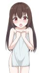  1girl bangs bare_arms bare_shoulders blush brown_hair collarbone covering eyebrows_visible_through_hair fang hair_between_eyes hands_up highres hippo_(hirople) long_hair looking_at_viewer nose_blush nude_cover open_mouth original red_eyes simple_background solo towel very_long_hair white_background 