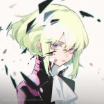  1boy androgynous blonde_hair cravat earrings eyokiki fire gloves green_hair jacket jewelry lio_fotia looking_at_viewer male_focus otoko_no_ko promare purple_eyes short_hair simple_background solo 