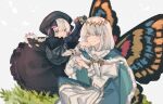  1boy 1girl black_dress black_headwear black_ribbon blue_eyes braid bug butterfly_wings cape doll_joints dress eyebrows_visible_through_hair fate/grand_order fate_(series) frills fur-trimmed_cape fur_trim hair_between_eyes hair_ornament hat highres hirase_nariko insect insect_on_finger joints long_sleeves moth nursery_rhyme_(fate) oberon_(fate) one_eye_closed open_mouth puffy_sleeves purple_eyes ribbon short_hair simple_background smile white_hair wings 