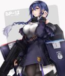  1girl absurdres bangs blue_hair braid braided_ponytail breasts dp-12_(girls&#039;_frontline) girls&#039;_frontline grey_eyes gun highres large_breasts long_hair marche_mk14 pantyhose shotgun smile solo standard_manufacturing_dp-12 thigh_strap very_long_hair weapon 