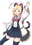 &gt;_o 1girl ;d absurdres animal_ears arm_up black_legwear black_skirt blonde_hair blue_archive blue_neckwear blush bow cat_ear_headphones cat_ears cat_tail clenched_hand collared_shirt fake_animal_ears frilled_jacket frilled_skirt frills hair_bow halo headphones highres jacket long_sleeves momoi_(blue_archive) moyoron necktie off_shoulder one_eye_closed open_clothes open_jacket open_mouth pink_eyes pleated_skirt red_bow shirt short_necktie simple_background skirt smile solo star_(symbol) tail thighhighs translation_request white_background white_jacket white_shirt wide_sleeves 