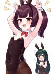  ahoge animal_ears arms_up bangs black_hair black_legwear black_leotard blunt_bangs bow bowtie breasts bunny_ears bunny_pose bunny_tail commentary covered_navel cowboy_shot detached_collar fake_animal_ears fishnet_legwear fishnets green_hair highres leotard long_hair looking_at_viewer nail_polish pantyhose playboy_bunny red_eyes red_neckwear simple_background small_breasts strapless strapless_leotard tail tenneko_yuuri touhoku_kiritan touhoku_zunko twintails voiceroid white_background wrist_cuffs yellow_eyes 