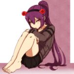  1girl at2. barefoot blush closed_mouth collarbone commentary_request eyebrows_visible_through_hair highres long_hair looking_at_viewer minecraft personification ponytail purple_hair red_eyes shorts spider_(minecraft) sweater white_background 