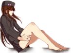  1girl at2. barefoot black_coat brown_hair coat commentary_request enderman from_side hand_on_own_thigh hat highres long_hair minecraft open_mouth personification purple_eyes simple_background skirt solo white_background 