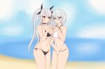  2girls absurdres asymmetrical_docking azur_lane beach bikini black_choker blue_eyes blurry blurry_background breast_press breasts choker eyebrows_visible_through_hair flag_print fnzz german_flag german_flag_bikini hair_between_eyes heart heart_hands highres large_breasts long_hair looking_at_viewer medium_hair multicolored_hair multiple_girls official_alternate_costume prinz_eugen_(azur_lane) prinz_eugen_(unfading_smile)_(azur_lane) red_eyes red_hair sand side-tie_bikini silver_hair streaked_hair swimsuit tirpitz_(azur_lane) tirpitz_(snow-melting_summer)_(azur_lane) twintails two-tone_hair water white_bikini white_choker white_hair 