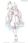  1girl albino bodysuit breasts collar commentary deadman_wonderland feet gofelem long_hair looking_at_viewer open_mouth red_eyes shiro_(deadman_wonderland) simple_background skin_tight smile solo very_long_hair white_background white_hair 