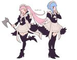  2girls artist_name axe blue_hair blush breasts do_m_kaeru fire_emblem fire_emblem:_three_houses full_body high_heels hilda_valentine_goneril holding holding_axe holding_weapon large_breasts long_hair long_sleeves maid maid_headdress marianne_von_edmund multiple_girls one_eye_closed open_mouth pink_hair simple_background standing thighhighs tongue twintails twitter_username watermark waving weapon white_background 