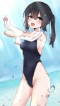  1girl absurdres black_hair brown_eyes commentary_request competition_swimsuit covered_navel cowboy_shot hanabi_(hanabi1221) highleg highleg_swimsuit highres long_hair looking_at_viewer narrow_waist one-piece_swimsuit original shirt smile solo standing swimsuit twintails undressing wet wet_clothes wet_shirt 
