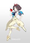  1girl armor brown_hair character_name flat_chest food fruit grey_background hair_ribbon high_heels holding holding_food holding_fruit mecha_musume pagye pauldrons red_eyes red_ribbon redesign ribbon shoulder_armor snow_white_(disney) snow_white_and_the_seven_dwarfs solo standing standing_on_one_leg symbol_commentary 