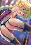  1000 1girl ass black_legwear braid braided_ponytail breasts cameltoe carol_malus_dienheim elbow_gloves from_behind garter_straps gloves highres leotard long_hair looking_at_viewer looking_back mole purple_leotard senki_zesshou_symphogear shiny shiny_hair shiny_skin side_cutout sideless_outfit small_breasts solo thighhighs 