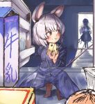  2girls :t alternate_costume animal_ears barefoot blue_pajamas blush breasts carton cheese commentary_request doorway eating food ginnkei grey_hair hijiri_byakuren mouse_ears mouse_tail multiple_girls nazrin pajamas pov red_eyes refrigerator refrigerator_interior see-through short_hair silhouette small_breasts sorcerer&#039;s_sutra_scroll squatting tail touhou 