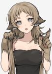  1girl absurdres animal_ears banned_artist breasts brown_hair collarbone commentary_request grey_background grey_eyes hands_up head_tilt highres long_hair looking_at_viewer medium_breasts open_mouth original shimizu_akina simple_background solo strapless thick_eyebrows tubetop upper_body 