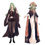  2girls alternate_costume armor bangs black_armor black_cape black_footwear black_legwear black_shorts blue_capelet boots breasts byleth_(fire_emblem) byleth_(fire_emblem)_(female) byleth_(fire_emblem)_(female)_(cosplay) cape capelet closed_mouth clothing_cutout commentary commission cosplay costume_switch crown dagger dress english_commentary eyebrows_visible_through_hair fire_emblem fire_emblem:_three_houses flower forehead green_eyes green_hair hair_between_eyes hair_flower hair_ornament hand_in_hair jewelry knife large_breasts long_hair long_sleeves looking_at_viewer multiple_girls navel navel_cutout pantyhose rhea_(fire_emblem) rhea_(fire_emblem)_(cosplay) sakuremi short_shorts shorts signature simple_background smile tiara weapon white_background white_dress white_flower 