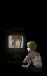  1boy bare_shoulders black_background blonde_hair chainsaw_man crossover dark denji_(chainsaw_man) highres looking_at_another looking_at_screen makima_(chainsaw_man) makimasansuki red_hair screen_light serial_experiments_lain shirt short_hair sitting sleeveless sleeveless_shirt solo television watching watching_television yellow_eyes 