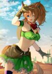  1girl ;d animal_ears arm_up armpits artist_name bandeau bangs bare_shoulders belt blue_eyes blue_sky blush breasts brown_belt brown_gloves brown_hair cactus cloud commentary_request cowboy_hat cowboy_shot desert detached_sleeves english_commentary eyebrows_visible_through_hair gloves gradient_sky green_skirt hair_between_eyes hair_ornament hat hat_on_back highres holstered_weapon horse_ears horse_girl horse_tail large_breasts long_hair looking_at_viewer midriff mimuro430 mixed-language_commentary morning navel one_eye_closed open_mouth outdoors ponytail purple_legwear red_scarf scarf sheriff_badge sidelocks skindentation skirt sky smile solo standing star_(symbol) star_hair_ornament star_print taiki_shuttle_(umamusume) tail thighhighs umamusume v zettai_ryouiki 