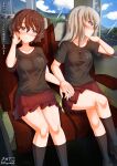  2girls akaboshi_koume aquaegg black_shirt blue_eyes blush breasts brown_hair closed_mouth cloud collarbone day emblem eyebrows_visible_through_hair girls_und_panzer highres holding_hands itsumi_erika kuromorimine_(emblem) large_breasts looking_at_another looking_out_window medium_hair microskirt multiple_girls photo_background red_skirt shiny shiny_hair shiny_skin shirt short_hair sitting skirt sky smile train_interior translation_request white_hair yuri 