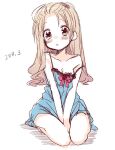  1girl amezawa_koma bangs_pinned_back between_legs blue_dress blush bow breasts cleavage dated dress full_body hand_between_legs long_hair looking_at_viewer original parted_lips red_bow solo strap_slip 