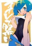  1girl bangs bare_arms blue_eyes blue_hair blue_pants blush border breasts bright_pupils clothes_lift clothes_pull commentary_request eyebrows_visible_through_hair eyelashes flashing freckles hairband highres lana_(pokemon) lifted_by_self looking_at_viewer no_sclera one-piece_swimsuit outside_border pants pants_pull pokemon pokemon_(game) pokemon_sm pulled_by_self raised_eyebrows shiny shiny_skin shirt shirt_lift short_hair sleeveless small_breasts smile solo swimsuit swimsuit_under_clothes takagirock tongue tongue_out trial_captain white_border white_pupils yellow_hairband 