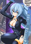  .live 1girl blue_eyes blue_hair breasts cleavage collarbone coming_out commentary_request hair_between_eyes happy_birthday highres large_breasts long_hair looking_at_viewer rikumu shizukanahoshi smile smug solo virtual_youtuber window 