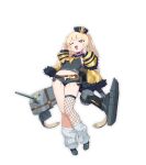  1girl absurdres anchor azur_lane bache_(azur_lane) baelsera black_sailor_collar black_shirt blonde_hair collar cutoffs fishnet_legwear fishnets fur-trimmed_jacket fur_trim hat heart heart-shaped_pupils highres jacket long_hair micro_shorts mini_hat neckerchief off_shoulder ok_sign one_eye_closed open_clothes open_mouth open_shorts pink_collar purple_eyes rigging sailor_collar shirt shorts single_thighhigh socks solo symbol-shaped_pupils thick_eyebrows thighhighs two_side_up yellow_jacket yellow_neckwear 