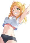  1girl absurdres arm_up armpits blonde_hair breasts clenched_teeth commentary_request crop_top eyebrows_visible_through_hair fingernails green_eyes hair_rings highres looking_at_viewer love_live! love_live!_sunshine!! medium_breasts midriff nail_polish navel ohara_mari oku_1225 one_eye_closed pink_nails short_hair simple_background smile solo teeth white_background 