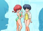  2girls 2others aqua_swimsuit black_hair blue_eyes blurry braid braided_ponytail brown_eyes casual_one-piece_swimsuit commentary_request depth_of_field feet_out_of_frame genderswap genderswap_(mtf) looking_at_viewer multiple_girls multiple_others one-piece_swimsuit one_eye_closed polka_dot polka_dot_swimsuit ranma-chan ranma_1/2 red_hair saotome_ranma short_hair single_braid standing strapless strapless_swimsuit swimsuit tendou_akane wanta_(futoshi) yellow_swimsuit 