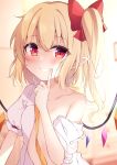  1girl absurdres blonde_hair blush bow clenched_teeth commentary_request crystal eyebrows_visible_through_hair flandre_scarlet flat_chest hair_bow highres index_finger_raised long_hair looking_at_viewer miy@ pointy_ears red_bow red_eyes shirt short_sleeves side_ponytail smile solo teeth touhou upper_body white_shirt wings 