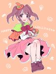  1girl :d amezawa_koma blush bow bowtie brown_eyes brown_footwear brown_hair candy_island_(idolmaster) capelet chibi futaba_anzu happy_halloween hat highres holding idolmaster idolmaster_cinderella_girls legs_together looking_at_viewer mimura_kanako mini_hat ogata_chieri open_mouth orange_background orange_headwear pink_skirt red_bow red_neckwear shoes skirt smile twintails witch_hat 