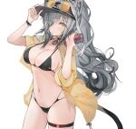  1girl animal_ears arknights bikini black_bikini black_headwear blush breasts cameltoe can cat_ears cat_girl cat_tail choker cleavage cowboy_shot eyewear_on_head grey_hair hand_on_headwear highres holding holding_can jacket large_breasts long_hair looking_at_viewer midriff mikojin navel open_clothes open_jacket pendant_choker ponytail red_choker schwarz_(arknights) see-through simple_background skindentation solo sunglasses swimsuit tail thigh_strap very_long_hair visor_cap white_background yellow_jacket 