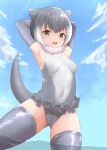  1girl absurdres animal_ears armpits arms_up bangs breasts cameltoe covered_navel covered_nipples day elbow_gloves fang frills fur_collar gloves green_eyes grey_gloves grey_hair grey_swimsuit highres impossible_clothes impossible_swimsuit kemono_friends kesha looking_at_viewer multicolored_hair one-piece_swimsuit open_mouth otter_ears otter_tail outdoors skin_tight skindentation sky small-clawed_otter_(kemono_friends) small_breasts smile solo standing swimsuit tail thighhighs two-tone_hair wading water white_hair 
