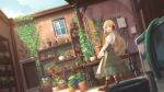  1girl absurdres ankle_boots blonde_hair blue_sky boots cross-laced_footwear day dress flowerpot green_dress highres hose huge_filesize lace-up_boots long_hair long_sleeves looking_at_viewer original outdoors plant shelf shirt sky smile solo suzuke white_shirt 