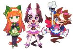  3girls animal_ears bangs black_gloves black_legwear blue_eyes blue_gloves blunt_bangs blush boots brown_hair clenched_hands ear_covers epaulettes eyebrows_visible_through_hair eyelashes gashi-gashi gloves green_eyes hair_ornament hairband horse_ears horse_girl horse_tail long_hair long_sleeves mismatched_footwear mismatched_gloves multicolored_hair multiple_girls one_eye_closed open_mouth orange_hair pantyhose ponytail purple_eyes short_hair short_sleeves silence_suzuka_(umamusume) simple_background single_epaulette special_week_(umamusume) standing streaked_hair tail thighhighs tokai_teio_(umamusume) umamusume white_background white_footwear white_gloves white_hair white_legwear 