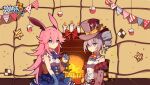  2girls animal_ears bare_shoulders blue_gloves bronya_zaychik bronya_zaychik_(wolf&#039;s_dawn) brown_jacket candle card closed_mouth drill_hair fire fireplace gloves grey_eyes grey_hair hat honkai_(series) honkai_impact_3rd jacket looking_at_another meadow_(morphinecaca) multiple_girls playing_card pocket_watch purple_eyes smile watch yae_sakura 