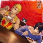  2019 2boys bangs black_hair blonde_hair border cat curry curry_rice dutch_angle eating food highres holding holding_spoon ikeda_(cpt) kitagawa_yuusuke male_focus morgana_(persona_5) multiple_boys persona persona_5 red_background rice sakamoto_ryuuji shiny shiny_hair short_hair spoon swept_bangs white_border 