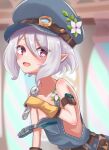  1girl absurdres alternate_costume bare_shoulders belt beret elf flower flower_ornament hair_between_eyes hat highres kokkoro_(princess_connect!) looking_at_viewer muromachi_atsushi naked_overalls overalls pointy_ears princess_connect! purple_eyes short_hair silver_hair solo wrench 