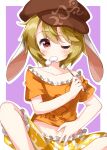  1girl animal_ears bangs blonde_hair border breasts brown_headwear bunny_ears dango eating eyebrows_visible_through_hair food hair_between_eyes hand_up hat highres looking_at_viewer medium_breasts one_eye_closed orange_shirt purple_background red_eyes ringo_(touhou) ruu_(tksymkw) shirt short_hair shorts sitting solo t-shirt touhou wagashi white_border yellow_shorts 