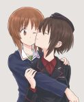  2girls brown_hair cheek-to-cheek closed_eyes girls_und_panzer hug hug_from_behind incest kuromorimine_military_uniform multiple_girls mutsu_(layergreen) nishizumi_maho nishizumi_miho one_eye_closed ooarai_military_uniform short_hair siblings sisters yuri 