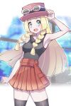  1girl armpits bangs bare_arms blonde_hair blunt_bangs blush braid breasts clenched_hand cosplay eyelashes eyewear_on_headwear green_eyes hand_on_headwear highres lillie_(pokemon) long_hair orange_skirt pleated_skirt pokemon pokemon_(game) pokemon_sm pokemon_xy serena_(pokemon) serena_(pokemon)_(cosplay) shiny shiny_hair shirt skirt sleeveless sleeveless_shirt solo sunglasses thighhighs twin_braids white-framed_eyewear yasu_suupatenin 