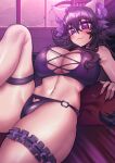  1girl absurdres ahoge animal_ears bikini blush breasts cat_ears cat_lingerie cleavage crawling_dreams curvy fang fangs highres huge_breasts long_hair looking_at_viewer lying meme_attire nyarla_(osiimi) on_back osiimi pale_skin purple_eyes purple_hair purple_theme skin_fang swimsuit thick_thighs thigh_strap thighlet thighs wide_hips window 