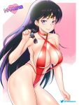  1girl bishoujo_senshi_sailor_moon black_hair border breasts casual_one-piece_swimsuit circlet cleavage closed_mouth collarbone etchimune hino_rei holding holding_eyewear large_breasts long_hair looking_at_viewer multicolored_hair one-piece_swimsuit pink_lips purple_eyes purple_hair red_swimsuit sailor_mars shiny shiny_hair sideboob smile solo sunglasses swimsuit twitter_logo twitter_username two-tone_hair very_long_hair white_border 