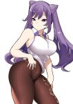  1girl armpit_crease armpits bangs breasts brown_legwear cowboy_shot genshin_impact hand_on_own_stomach high-waist_pantyhose highres keqing_(genshin_impact) large_breasts long_hair looking_to_the_side manabebebe no_pants open_collar pantyhose purple_eyes purple_hair shirt sidelocks simple_background sleeveless solo standing thick_thighs thighs twintails white_background white_shirt 