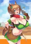  1girl ;d animal_ears blue_eyes blue_sky breasts brown_gloves brown_hair brown_headwear cloud commentary_request day gen_(black_factory) gloves green_skirt gun hair_ornament hand_on_hip hat hat_on_back highres holding holding_gun holding_weapon horse_ears horse_girl horse_tail huge_breasts midriff navel one_eye_closed open_mouth outdoors ponytail revolver short_hair skirt sky smile solo star_(symbol) star_hair_ornament taiki_shuttle_(umamusume) tail umamusume weapon 