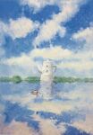  acrylic_paint_(medium) blue_sky boat building cloud cloudy_sky day highres mixed_media nature no_humans original outdoors painttool_sai_(medium) photoshop_(medium) reflection reflective_water rowboat scenery senzaki-ryosuke sky star_(sky) starry_sky still_life teapot traditional_media water watercraft window 